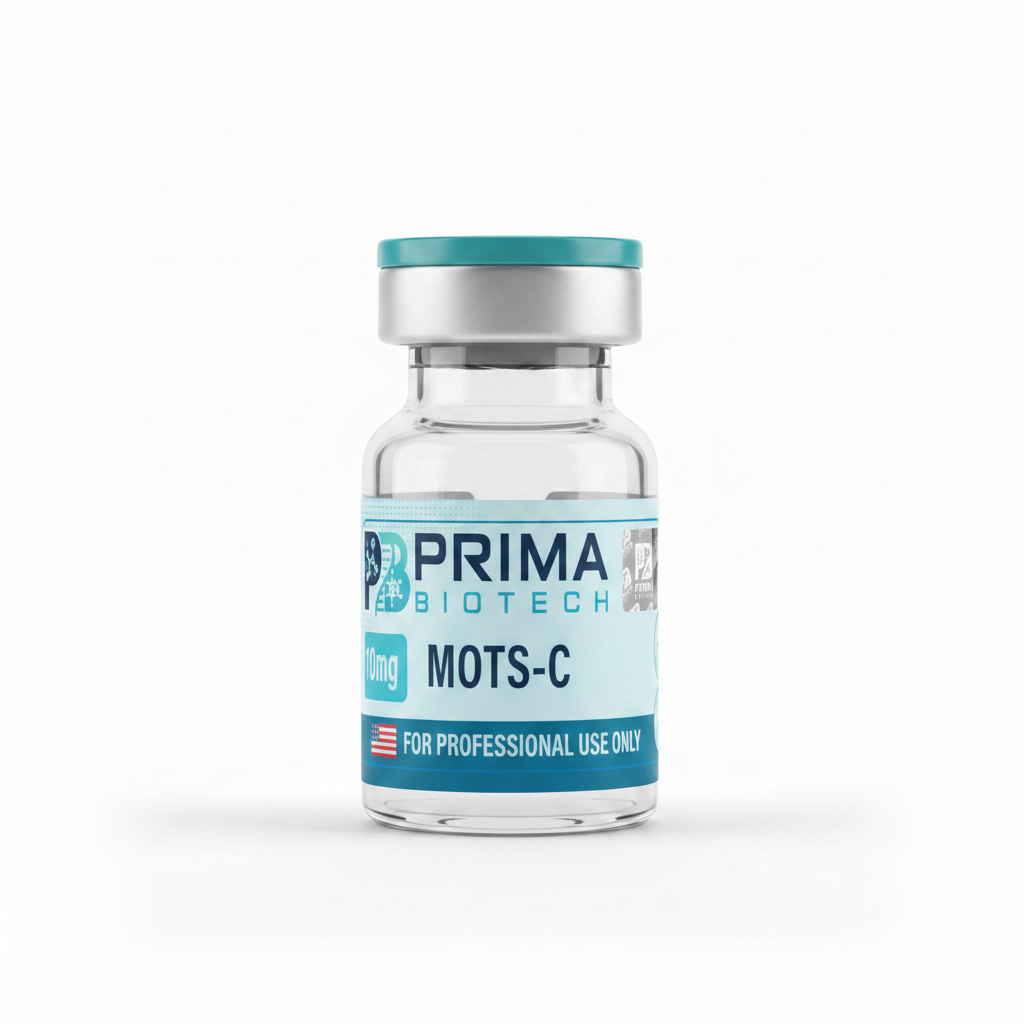 MOTS-C 10mg research peptide vial with Prima Biotech label on white background